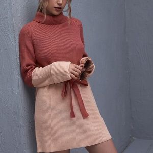 Color block turtle vneck cuff sleeve sweater dress